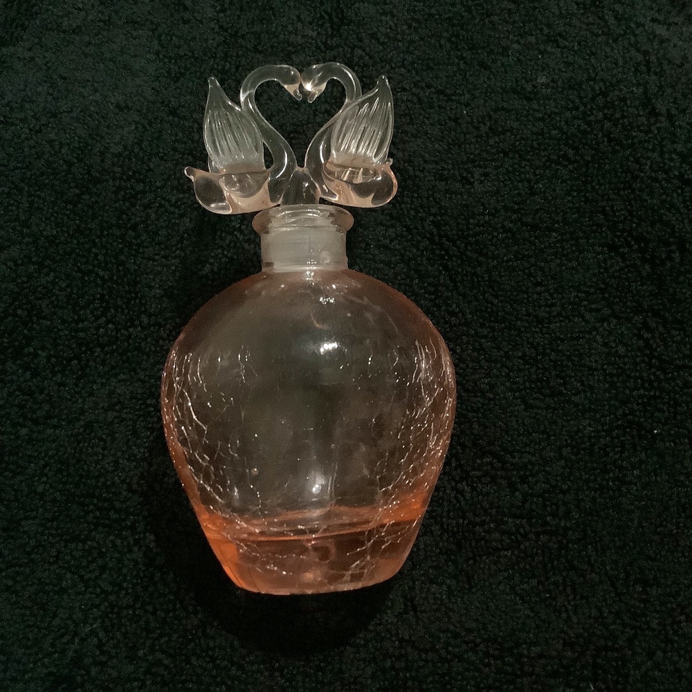 Pink crackle vintage VANITY perfume BOTTLE W swans STOPPER